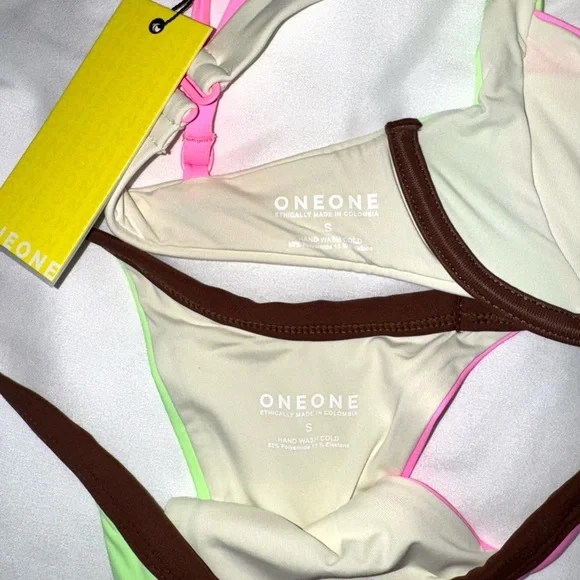 NWT OneOne Swimwear Bikini Set Paros Elodie Justine Cream Brown Pink Green New - Picture 7 of 7